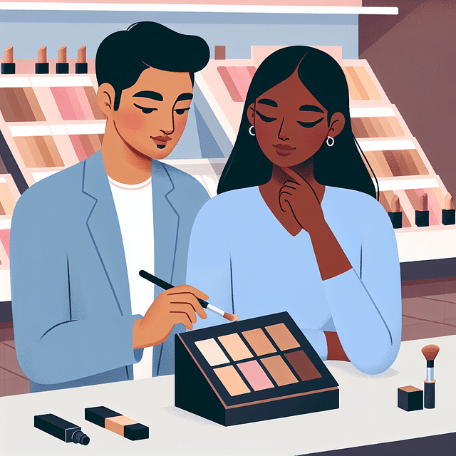 beauty consultant helping a client choose foundation shade