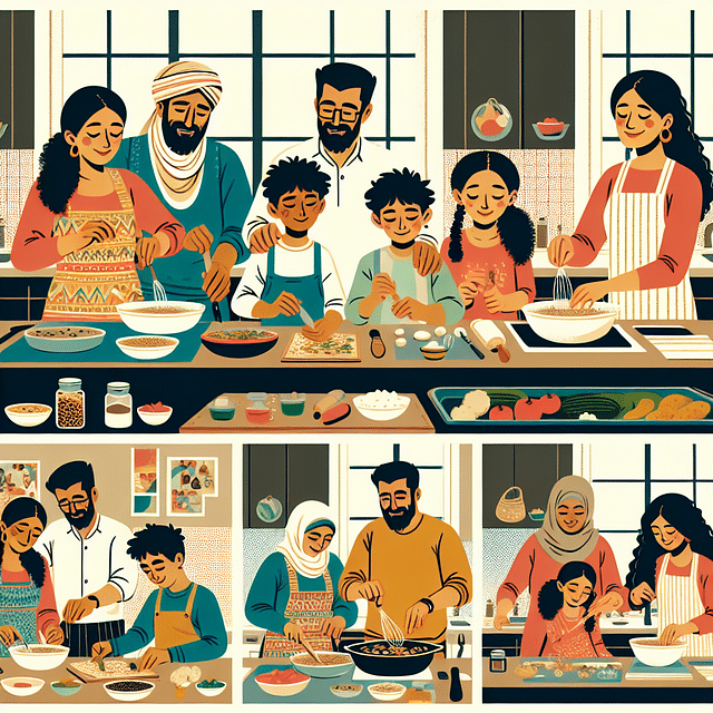 family cooking and portioning food