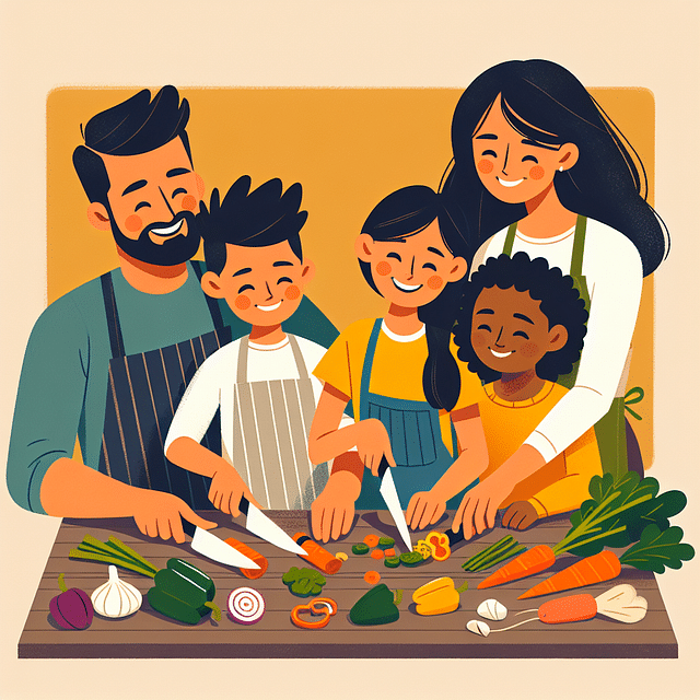 family chopping vegetables together