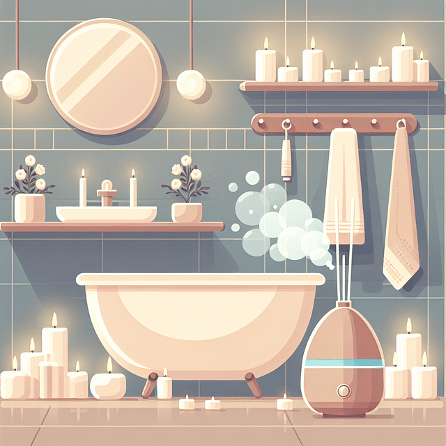 softly lit bathroom with candles and essential oil diffuser