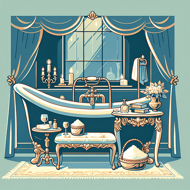 bathroom with luxurious details like bath salts and a bathtub caddy