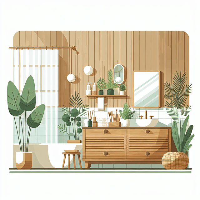 bathroom with wooden accents and green plants